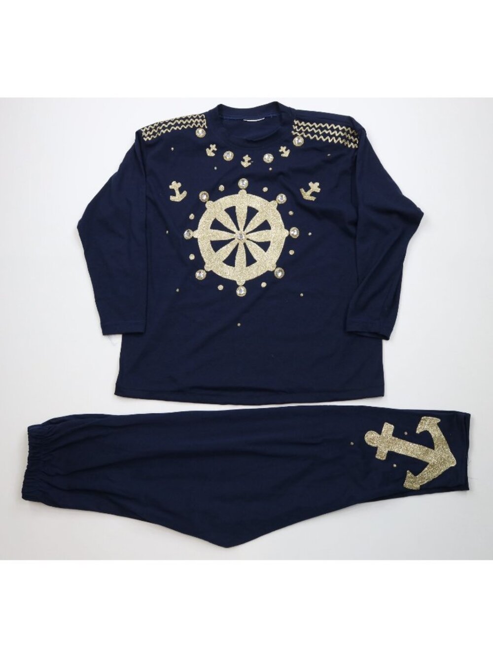 Vintage 90s Streetwear Womens OS 2 Piece Boat Wheel Anchor Beach Outfit Blue USA